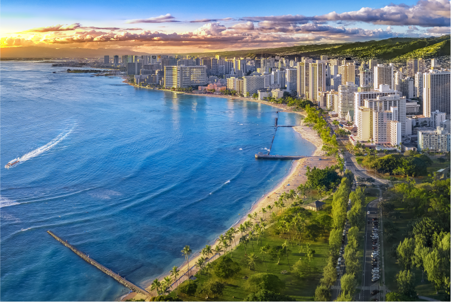 Honolulu shore and city skyline