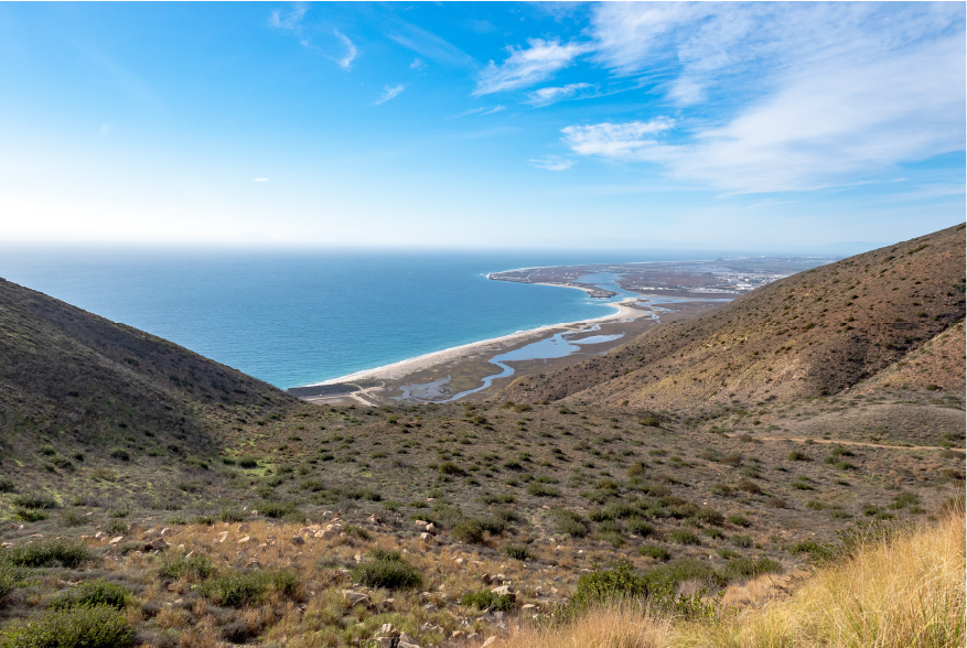 View of Port Hueneme Naval Base, from Chumash and Mugu Peak trail, Point Mugu State Park, Ventura County, California, USA