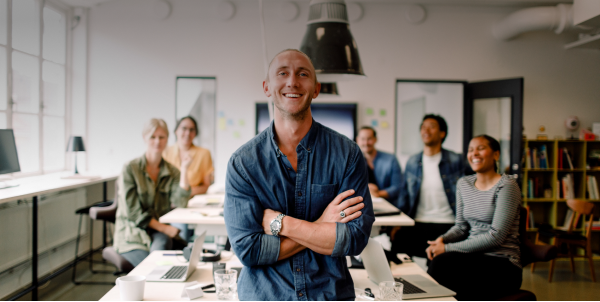Coworkers gathered together in an office
