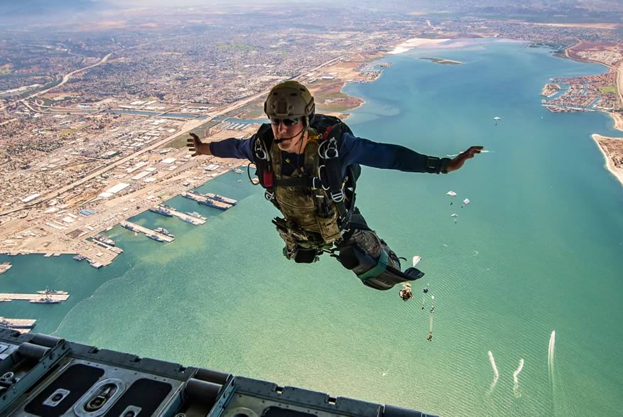 Marine parachuting out of a plane