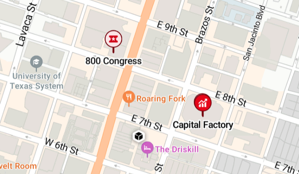 Austin map with 701 Brazos and 800 Congress ppinned