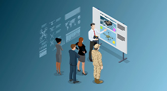 Animation of a Marine meeting with business people.